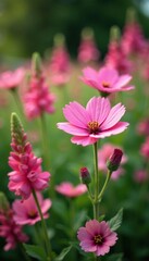 Fototapeta premium A bed of pink mallow flowers swaying in the wind, gardening, floral arrangement, blooming flowers