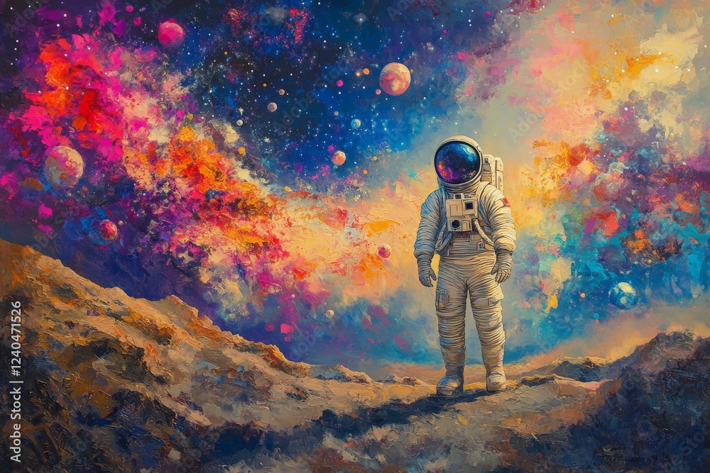 Aufkleber astronaut explores a vibrant cosmic landscape with swirling colors and distant planets in a surreal 