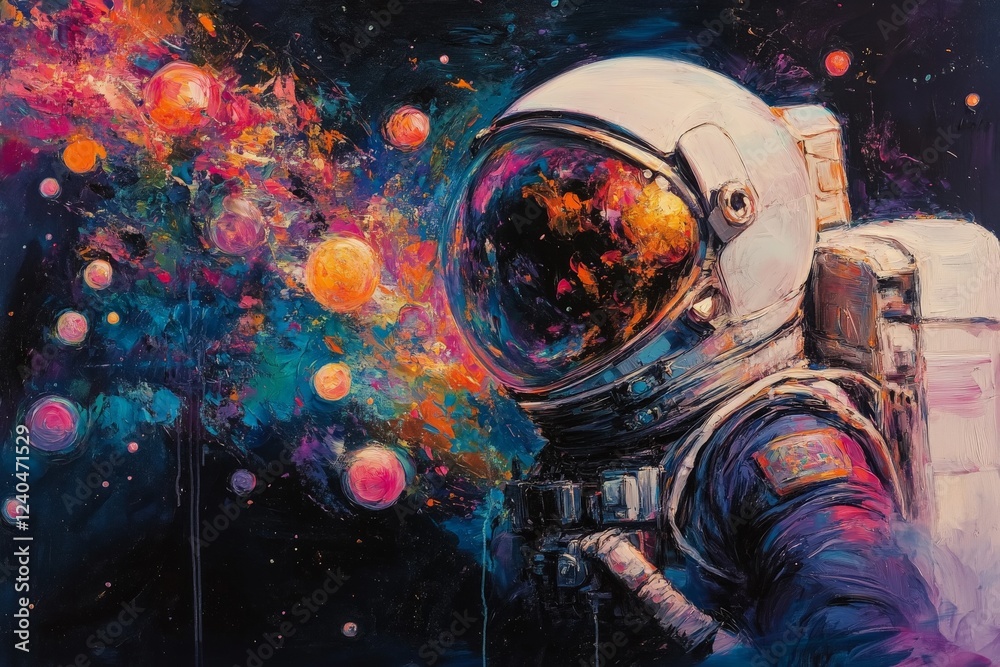 Poster colorful cosmic exploration with an astronaut in vivid space environment