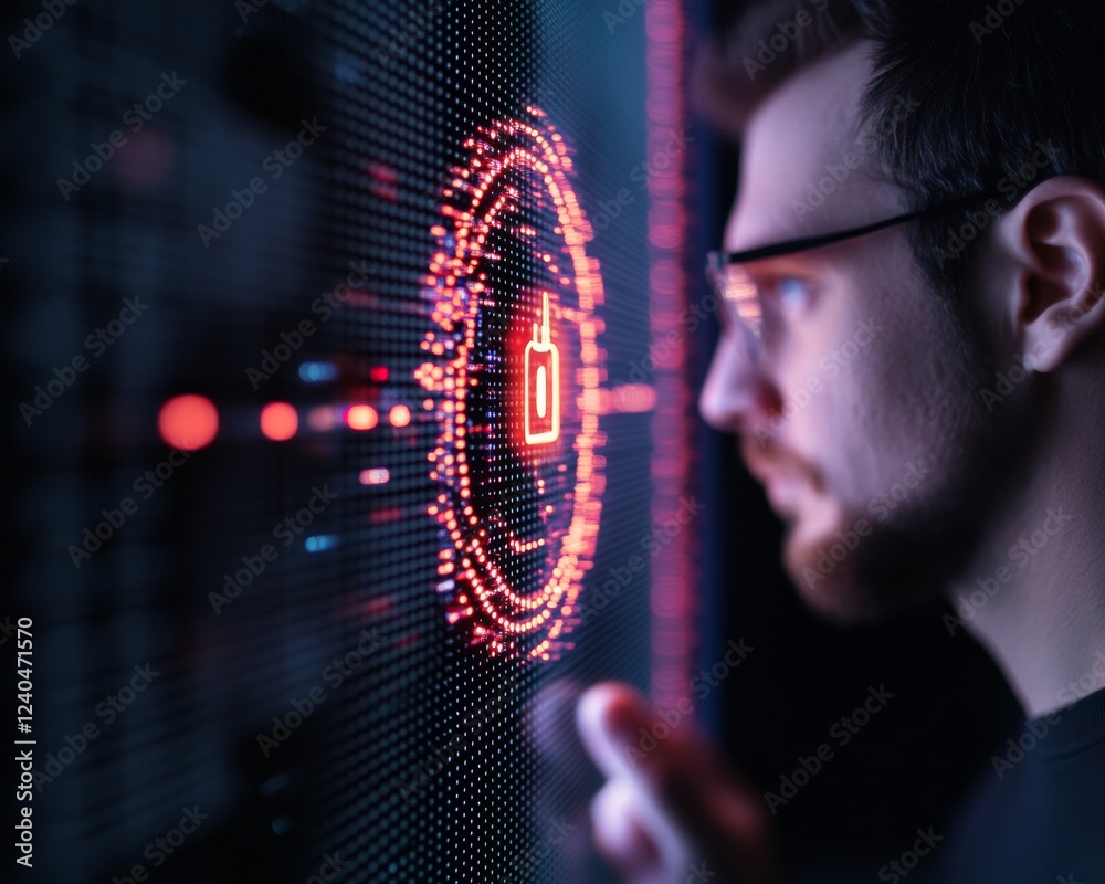 Poster Futuristic Cybersecurity Visualization Professional Male Engaging Digital Interface with Floating Lock Icons and Holographic Nodes - Advanced Security Management and Threat Detection Solutions