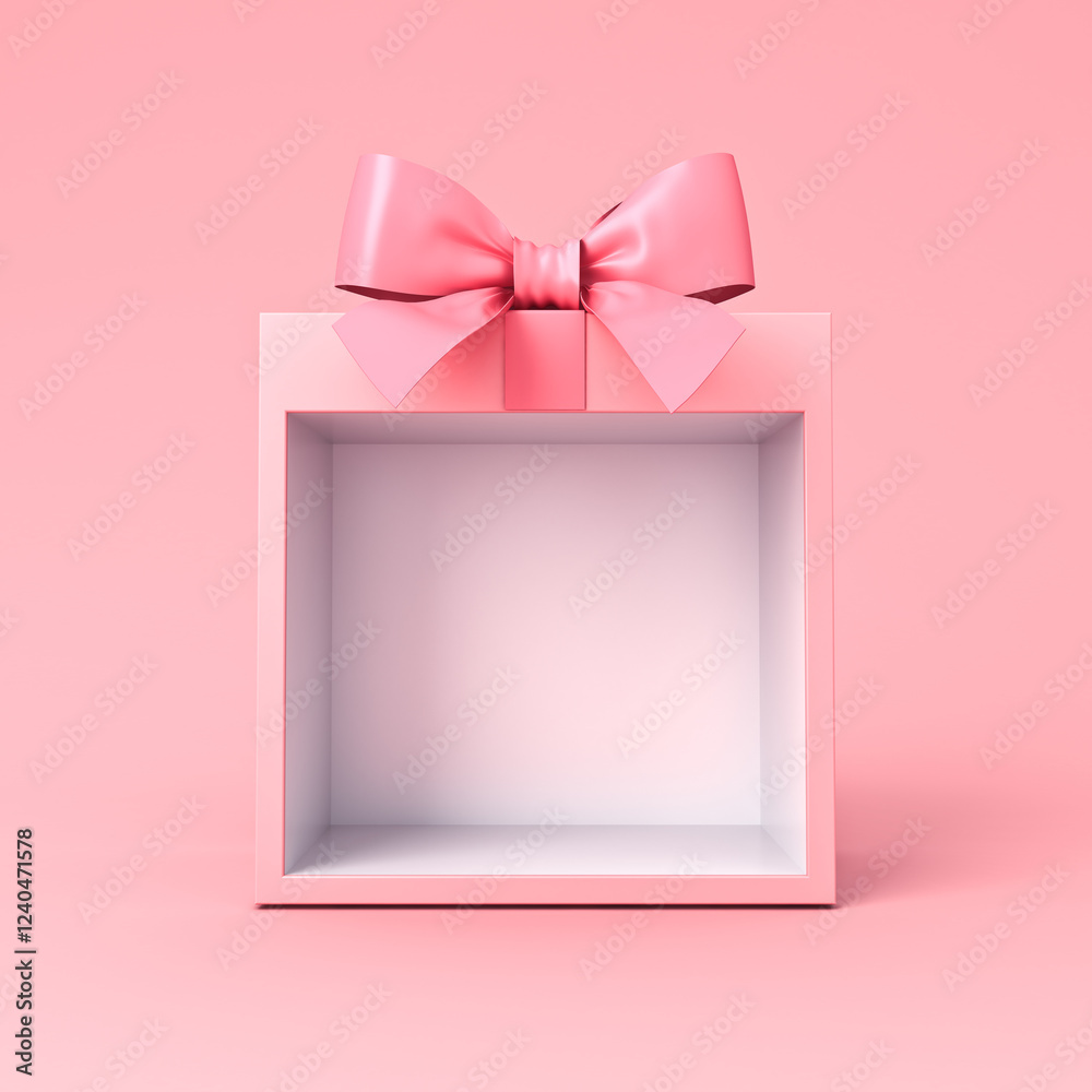 Aufkleber blank square gift box products display mockup showcase stand with pink ribbon bow isolated on pink p