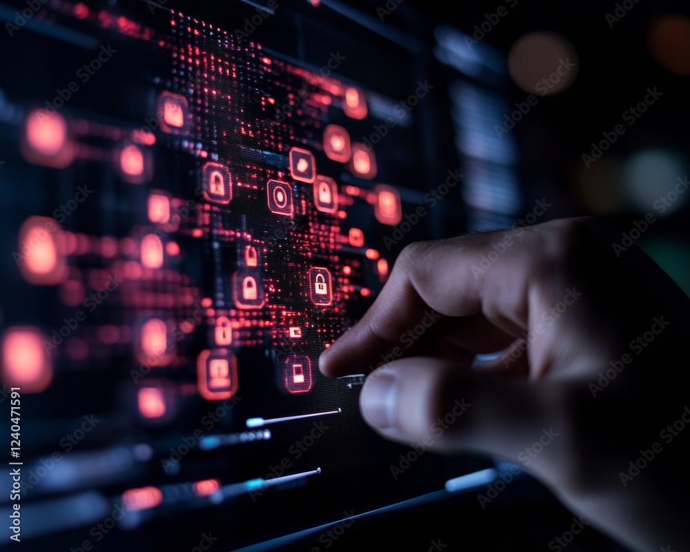 Aufkleber Futuristic Cybersecurity Interface Interactive Display with Virtual Locks and Nodes - Advanced Tech Content for Business Threat Monitoring and IT Security Management
