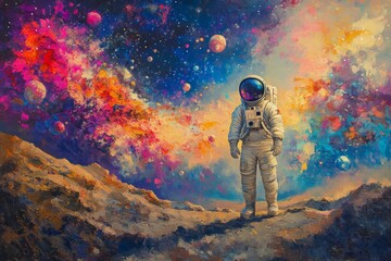 Obraz premium Astronaut explores a vibrant cosmic landscape with swirling colors and distant planets in a surreal setting