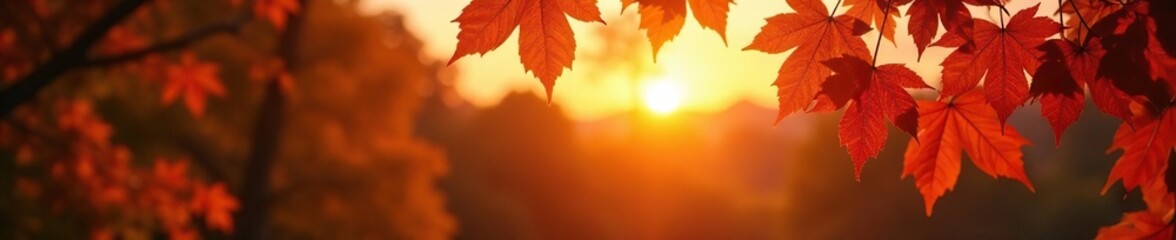 Soft light of sunset filters through maple leaves, landscape, sun, evening
