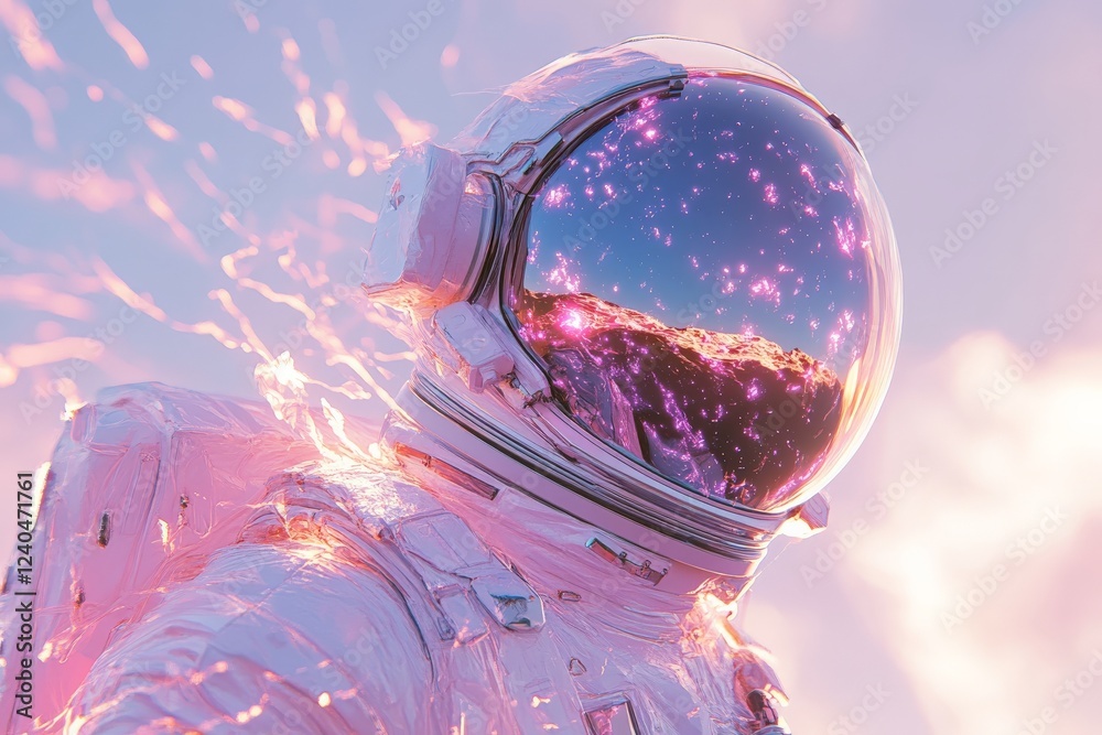 Poster astronaut in a vivid cosmic landscape surrounded by sparkling light at dawn