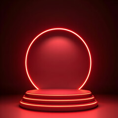 Elegant Stage Podium with Red Neon Ring and Spotlight on a Dark Background, Ideal for Product Display, Event Presentations, Luxury Showcases, and Award Ceremonies