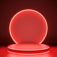 Futuristic Red Neon Stage Podium with Spotlight, Creating a Modern Display Scene for Product Showcases, Luxury Advertising, Award Ceremonies, and High-End Presentation Events