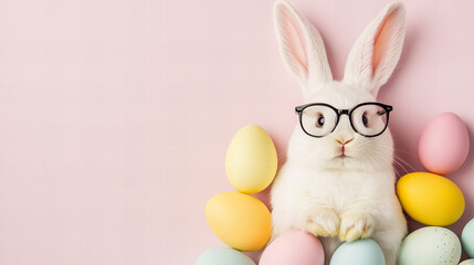 Cute white bunny wearing glasses with colorful Easter eggs on pastel background, perfect for Easter-themed designs, greeting cards, and seasonal promotions