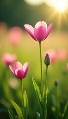 Obraz premium Soft petals of pink flowers gently sway in morning breeze, field, green