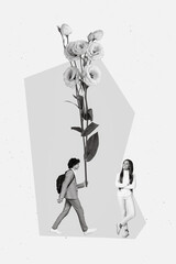 Creative photo collage illustration of black white schoolboy hold big flower walk on date with girl isolated on white color background