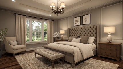 A bedroom interior in Mocha Mousse color, soft natural and ambient lighting, minimalist aesthetic.