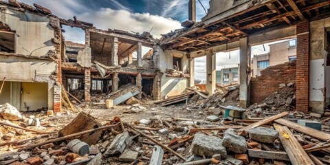 A destroyed building with collapsed walls and ceiling