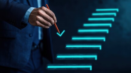 Business success concept. Businessman Visualizing Business Progress and Growth Through Stairs Metaphor