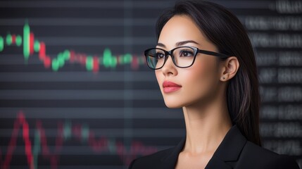 A confident businesswoman in glasses stands in front of a digital financial chart, symbolizing professionalism and expertise in the finance sector.