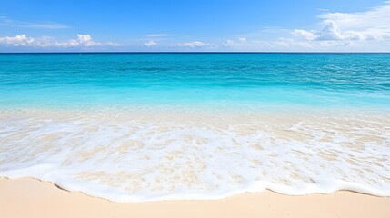 Fototapeta premium Serene Beach Scene, Turquoise Water, White Waves, Sandy Shore