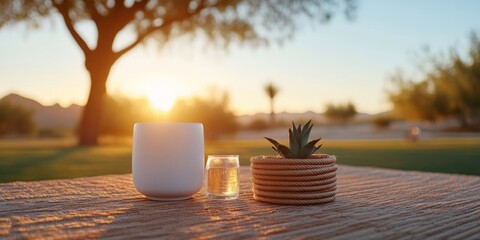 Sunset Fitness Aesthetic Outdoor Training Essentials on Textured Surface in Park - Modern Lifestyle and Wellness Promotion for Personal Training Experience