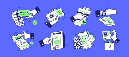 Contactless cashless payment set. Hands with credit card, mobile phone, smart watches pay by pos, scan QR, transfer digital money. NFC technology concept. Flat isolated outline vector illustrations