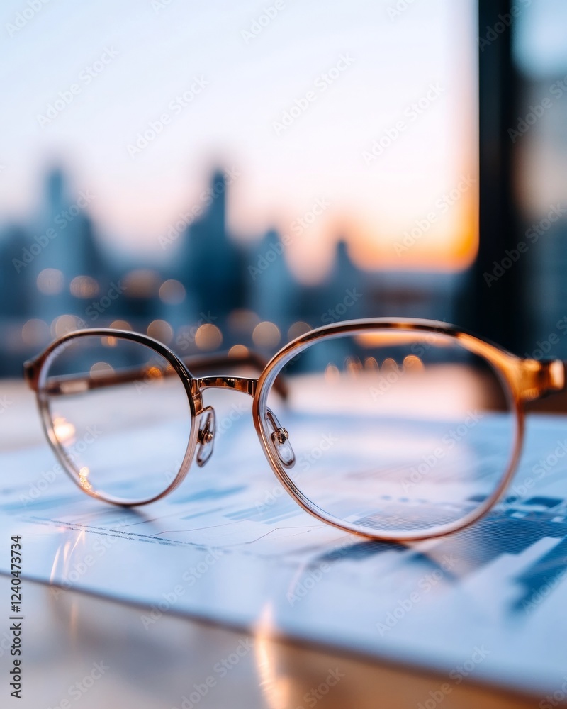 Poster sleek modern workspace focus minimalist eyewear on polished wooden desk with analytics reports - bus