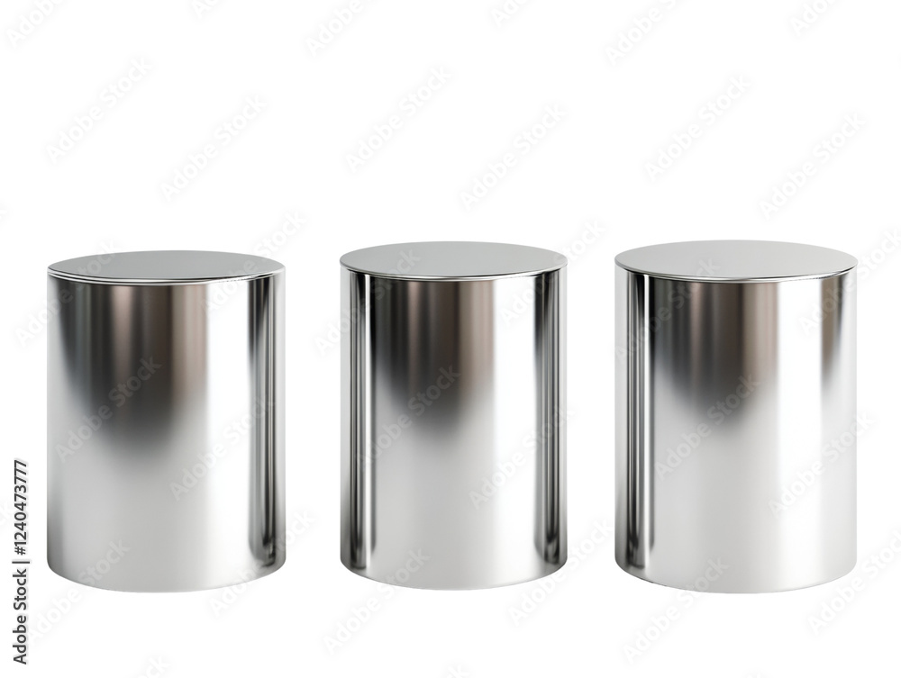 Aufkleber The image shows three identical shiny silver cylindrical display stands arranged in a row against a black background.