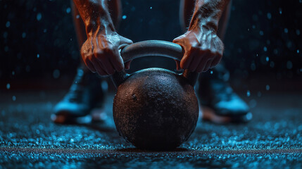 Close-up of muscular hands gripping a kettlebell, sweat particles in the air, dark gym lighting with dramatic contrast, fitness determination