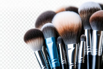 Collection of makeup brushes arranged with a focus on their distinct shapes and textures in a light setting