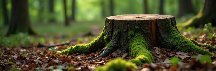 Obraz premium Murchie stump rotting slowly in the German forest, woodland decay, tree trunk, forest floor