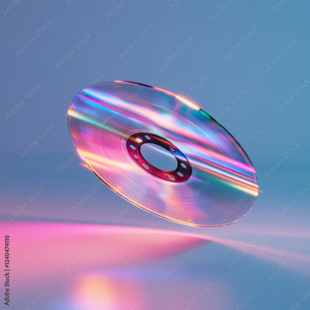 Poster retro-futuristic aesthetic floating shattered cd with neon light trails on metallic surface - creati