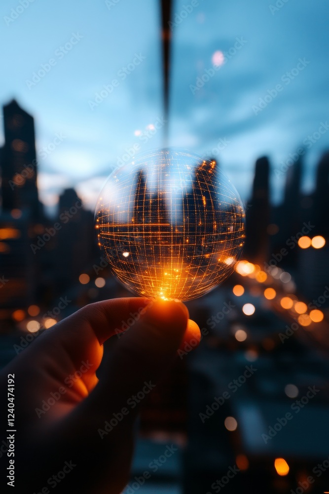 Poster futuristic urban cybersecurity graphic digital network nodes illuminating glass sphere - smart city 