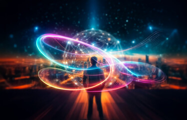 Obraz premium A man stands on a platform, looking out at a cityscape illuminated by night lights, with a glowing sphere of interconnected nodes floating in the air before him.