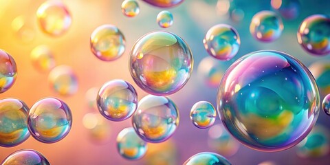 Colorful soap bubbles floating gently on a soft pastel background with various shades of liquid soap droplets suspended in mid-air , Droplets, Soap