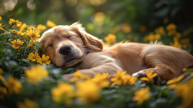 Celebrate National Puppy Day with a golden retriever puppy peacefully sleeping among vibrant yellow flowers in a sunlit garden