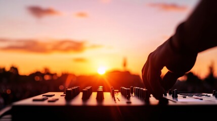 Neon Vibe Sunset Music Festival DJ Mixer on Stage with Professional Audio Gear for Community Engagement and Live Event Promotion in Contemporary Entertainment Industries