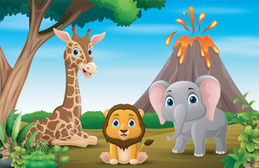 Naklejka premium Wild animals cartoon in the jungle background