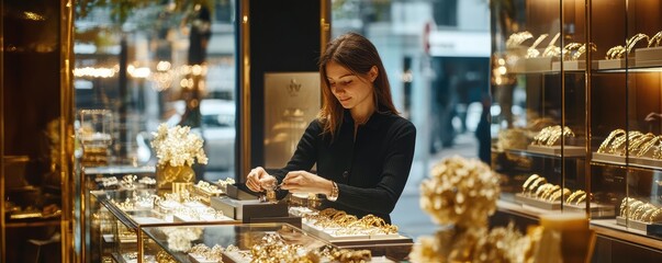 Smiling jeweler behind counter with luxurious display.