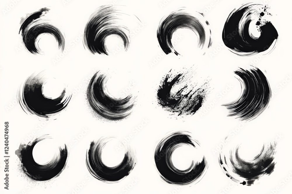 Aufkleber Artistic black ink brush strokes create abstract circular patterns on a light background