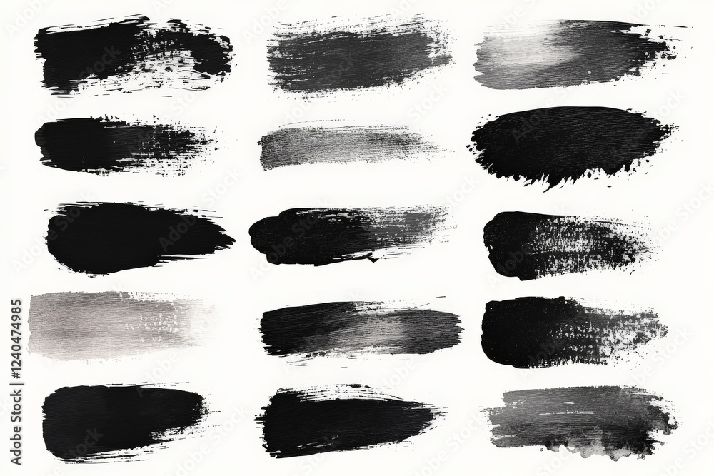 Poster variety of black paint strokes on a white background showcasing different textures and techniques in