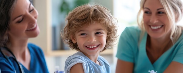 Doctors joyfully giving a cheerful child a vaccine.