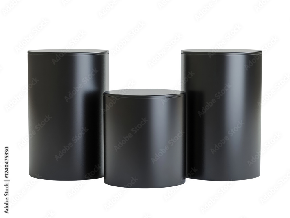 Poster the image shows three black cylindrical display stands of varying heights, arranged in a row against
