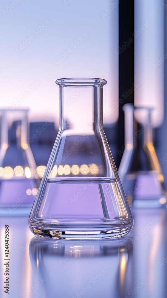 Aufkleber minimalist tech-inspired glass beaker with reflective liquid in modern laboratory setting - scientif
