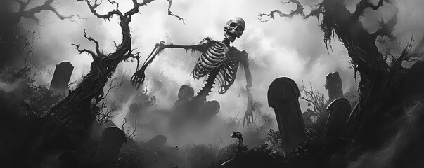 Creepy, eerie skeleton towering over misty graveyard.
