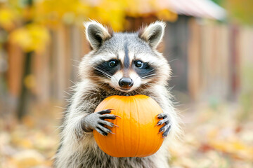 Fototapeta premium A cute raccoon holds a pumpkin outdoors, celebrating Halloween in the peaceful autumn forest setting.