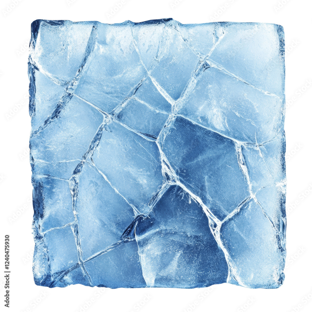 Poster A close up image shows a large cracked square block of translucent blue ice against a black background.