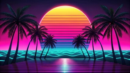 Naklejka premium Retro neon beach sunset with palm trees and waves in a synthwave style, featuring bright pink and green hues on a black background, synthwave summer, waves