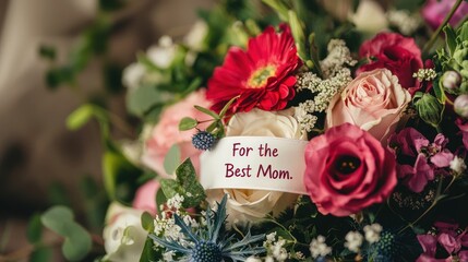 of a Mother's Day bouquet with a ribbon that reads "For the Best Mom."