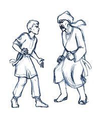 Pencil drawing. Two men engage in battle.