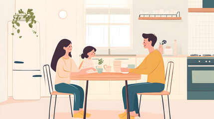 Obraz premium family sitting around a small kitchen table in a modest apartment, with basic, practical dinnerware 