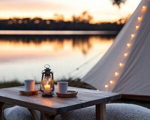 Luxury Canvas Tent for Eco-Friendly Glamping by Tranquil Lake Sustainable Sunset Retreat with Biodegradable Dining - Premium Outdoor Lifestyle Experience