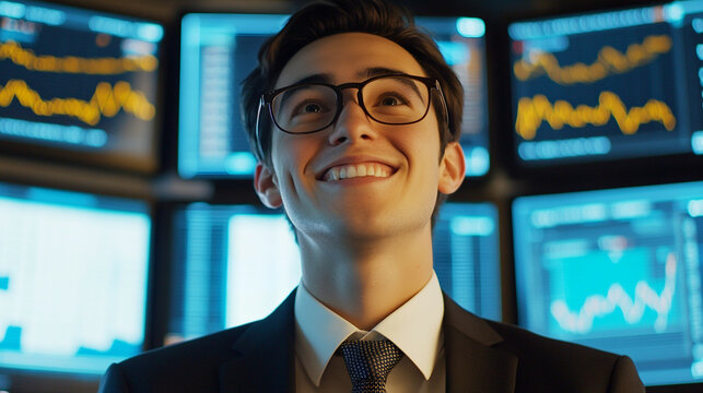 portrait of a smiling businessman with economic data on screens.