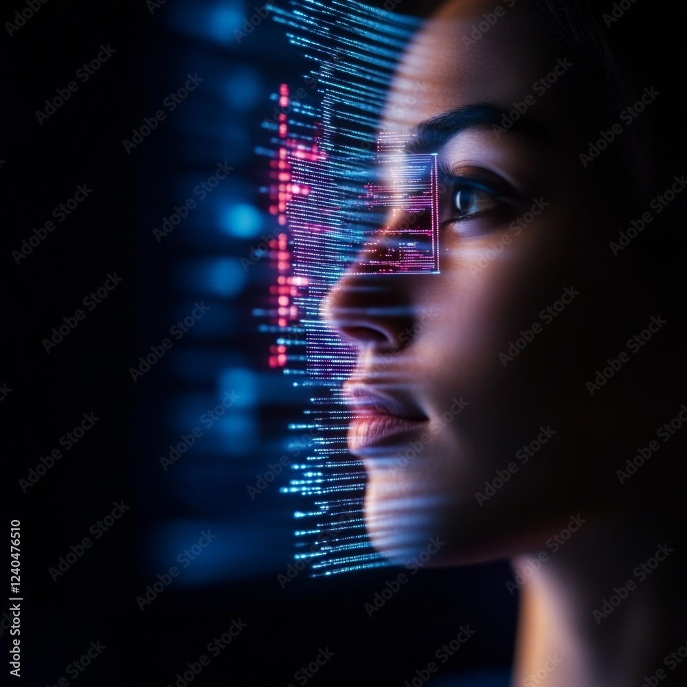 Poster Immersive Digital Display Woman Engaging with AI-Driven Data Interface and Futuristic Graphics - Tech Innovation for Smart Workspaces and Enhanced User Interaction