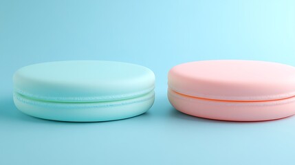 Colorful Round Macaron-shaped Storage Boxes in Soft Shades of Blue and Pink on a Pale Blue Background